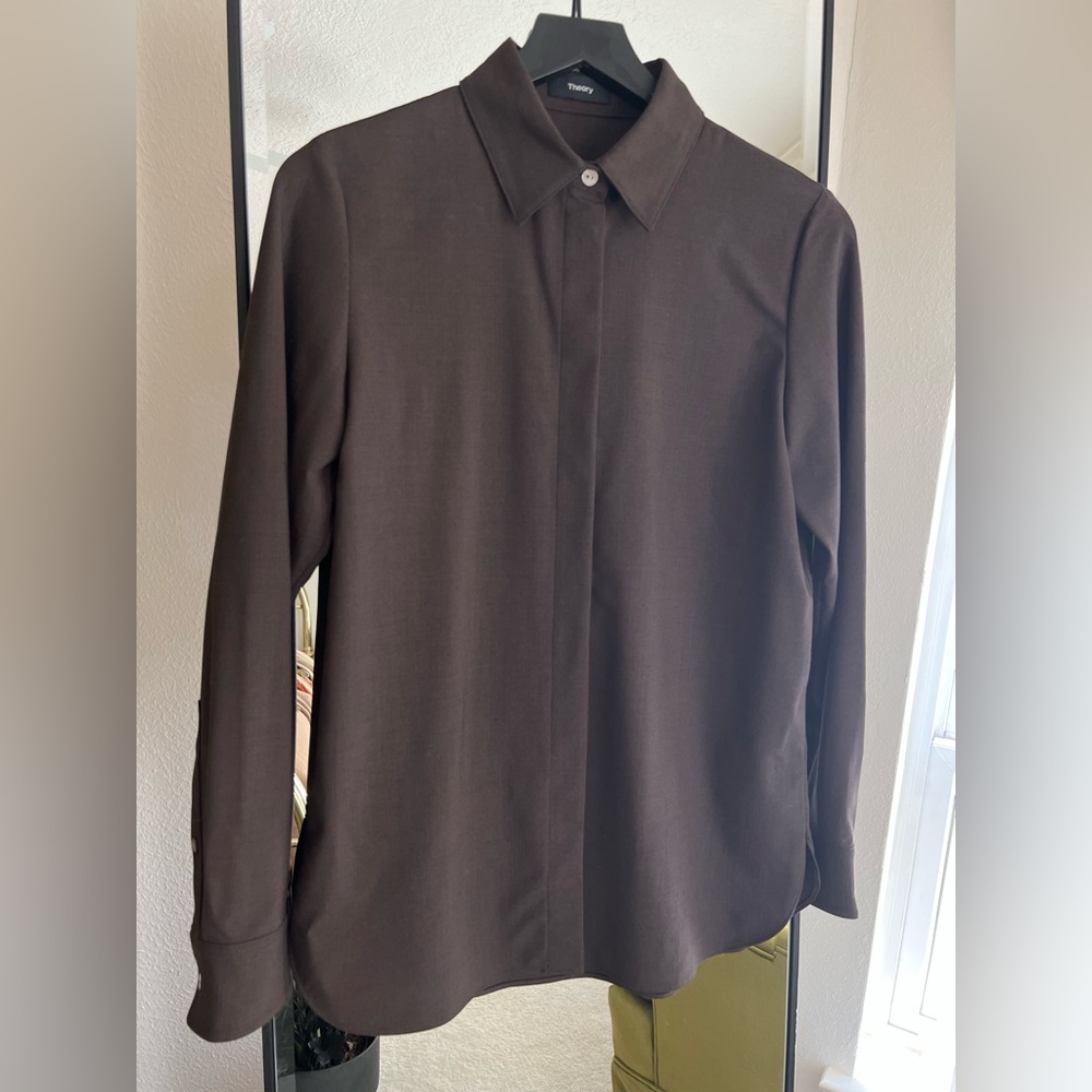 Theory Classic Straight Wool Shirt Long Sleeve Collared Button Up Mocha Brown